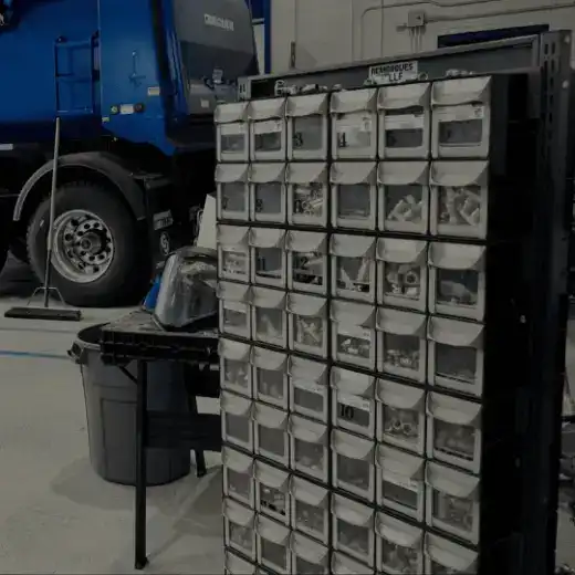 Trailer parts shelves at the Remorques Labelle counter